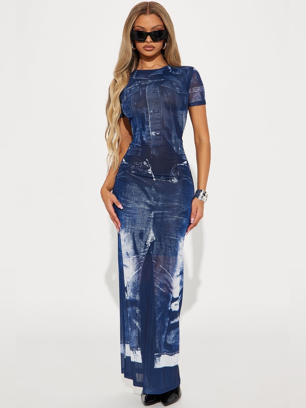 Half Heart Navy Blue Denim Trompe Mesh Maxi Dress Tight High Neck